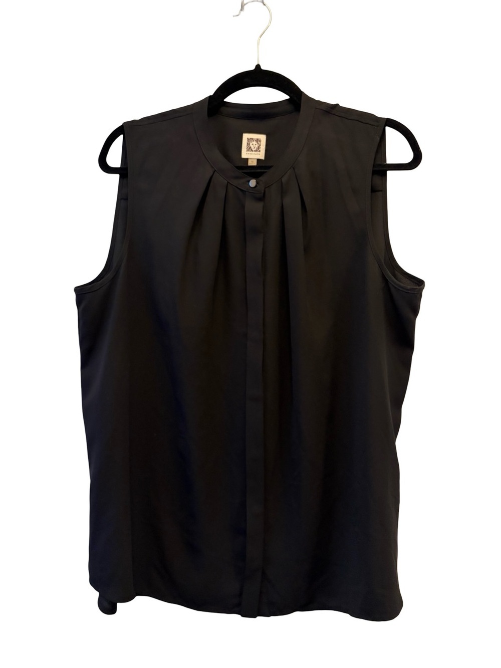 Anne Klein Solid Black Sleeveless Pleated Button Down Neck Blouse Size 16 - Picture 2 of 7